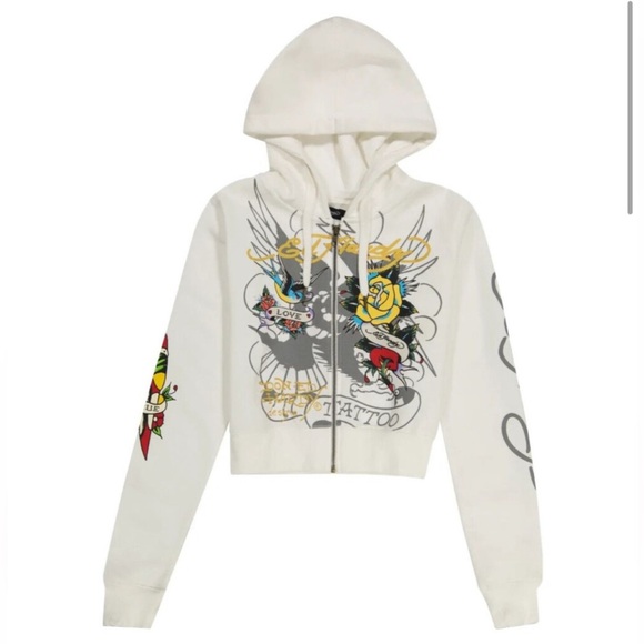 Ed Hardy Sweaters - Ed Hardy Juniors Cropped White Hoodie with Tattoo Graphic Retro 90s XL